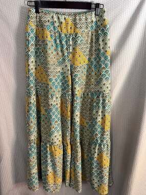 Cato Women's Teal and Yellow Paisley Tiered Wide Leg Palazzo Pants